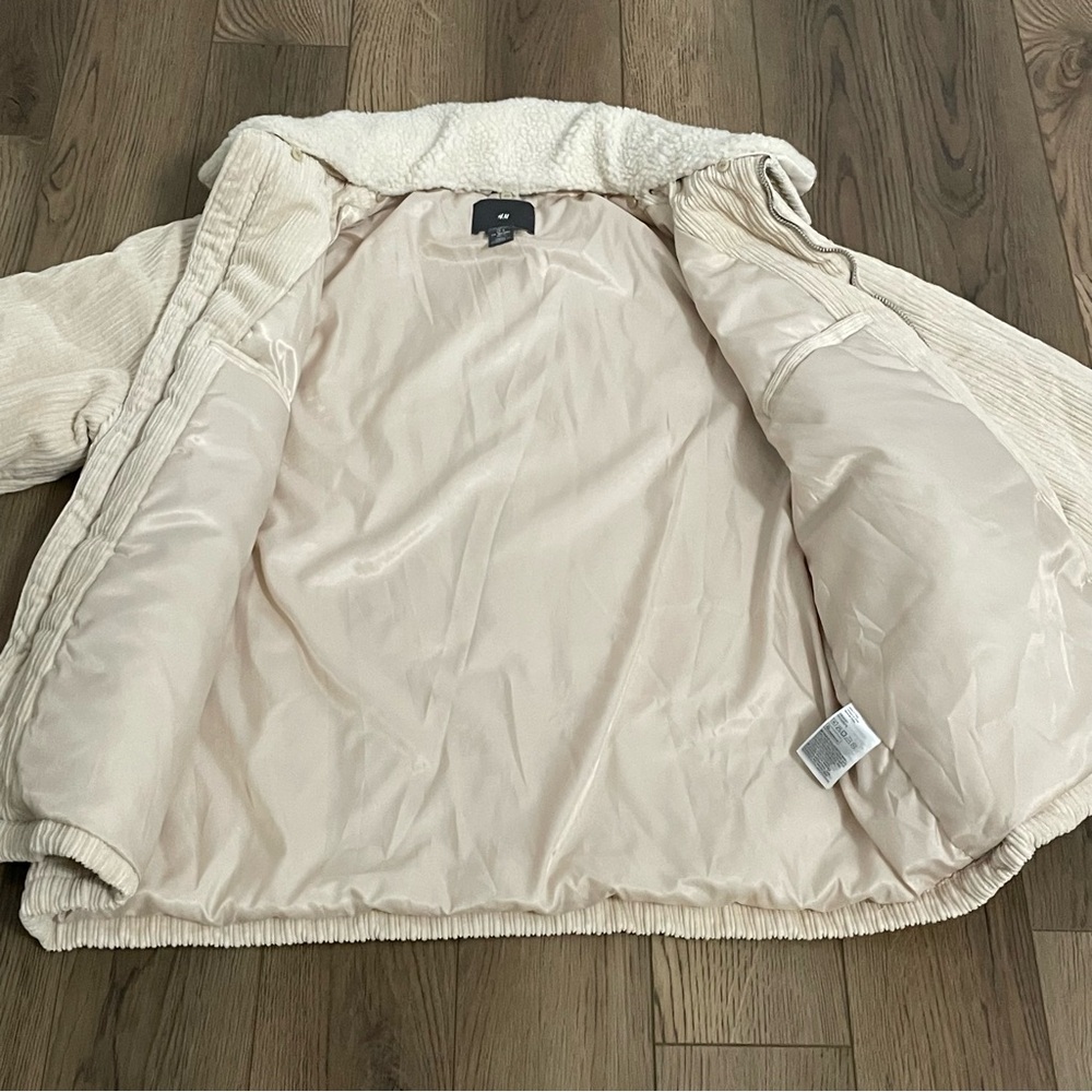 H&M Corduroy Cream Puff Bomber Jacket Removable Collar - Picture 5 of 11